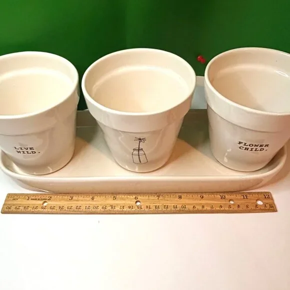 Rae Dunn Live Wild Flower Child Planter Set 3 Herb Pots Tray Magenta Artisan - Picture 7 of 9